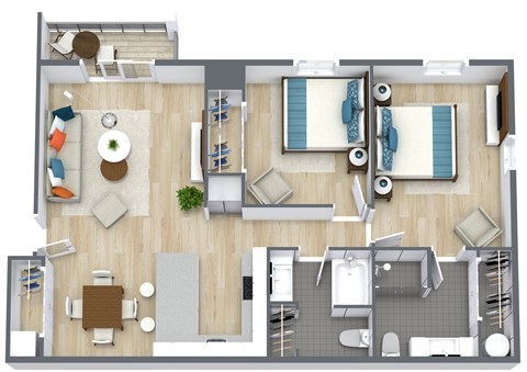 A floor plan of a house with a living room, dining room, kitchen, and two bedrooms.